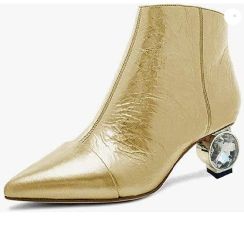 Gold Metallic Pointed Toe Ankle Boot with Gem Heel